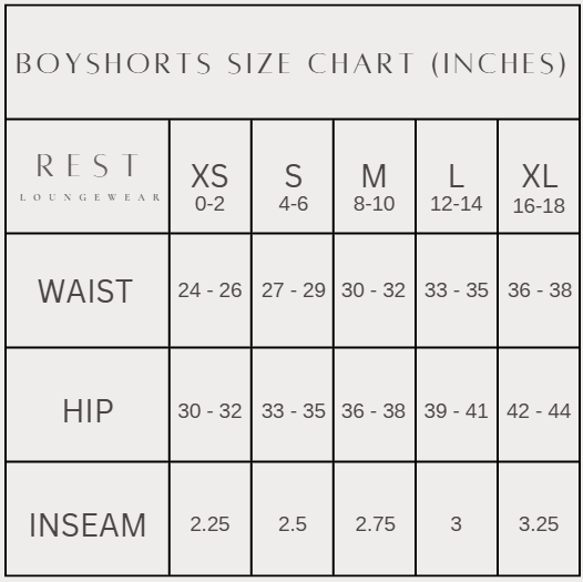 Size chart for boyshorts in inches by REST LOUNGEWEAR
