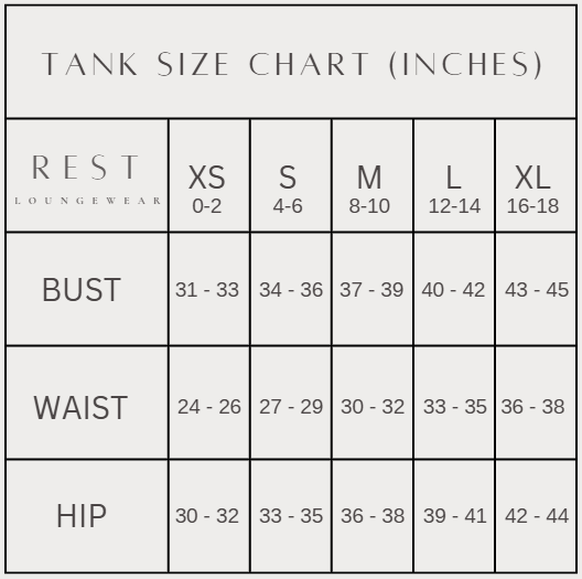 Tank size chart for REST LOUNGEWEAR with measurements in inches.