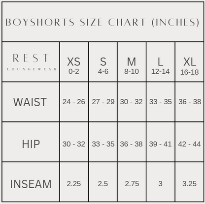 Size chart for boyshorts in inches by REST LOUNGEWEAR