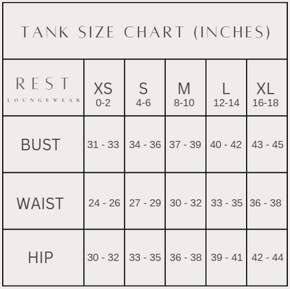 Tank size chart for REST LOUNGEWEAR with measurements in inches.